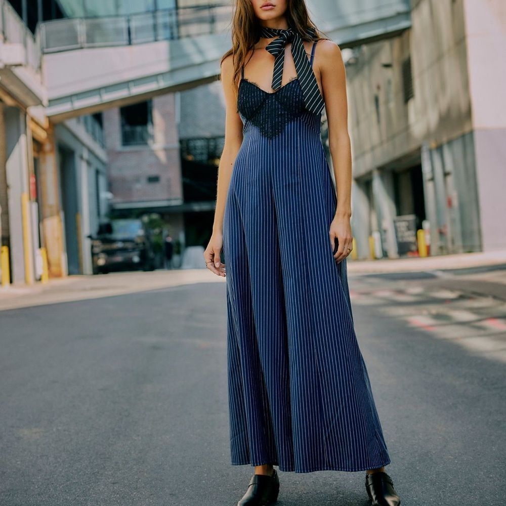 Free People Ava Pinstripe One Piece Jumpsuit in Blue Combo
